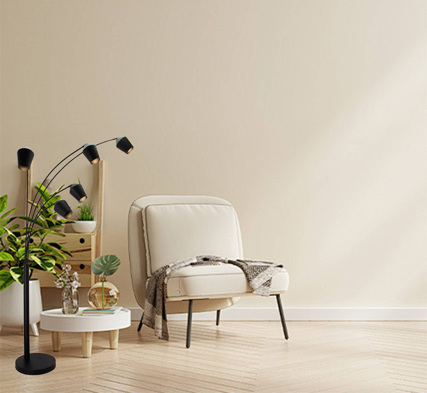 Zwarte Chericoni Tavola vloerlamp, 5 lichts met E27 fitting, perfect voor sfeervolle verlichting in grotere ruimtes.