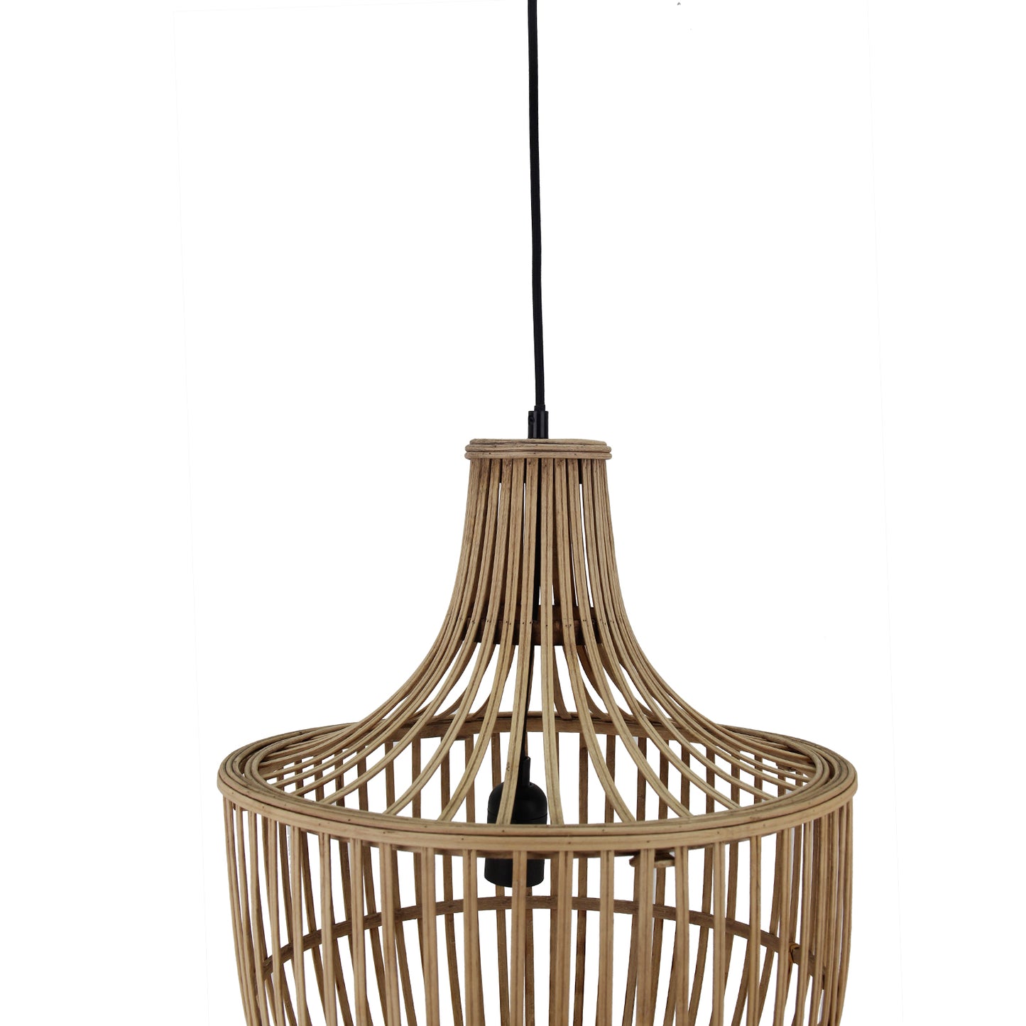 Chericoni Trapeze hanglamp in zwart-bruin bamboe met FSC keurmerk, close up, modern natuurontwerp voor sfeervolle verlichting.