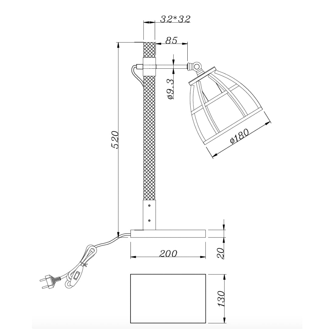 Technische tekening van de Chericoni Aperto tafellamp Ø18 cm met afmetingen en E27 fitting.