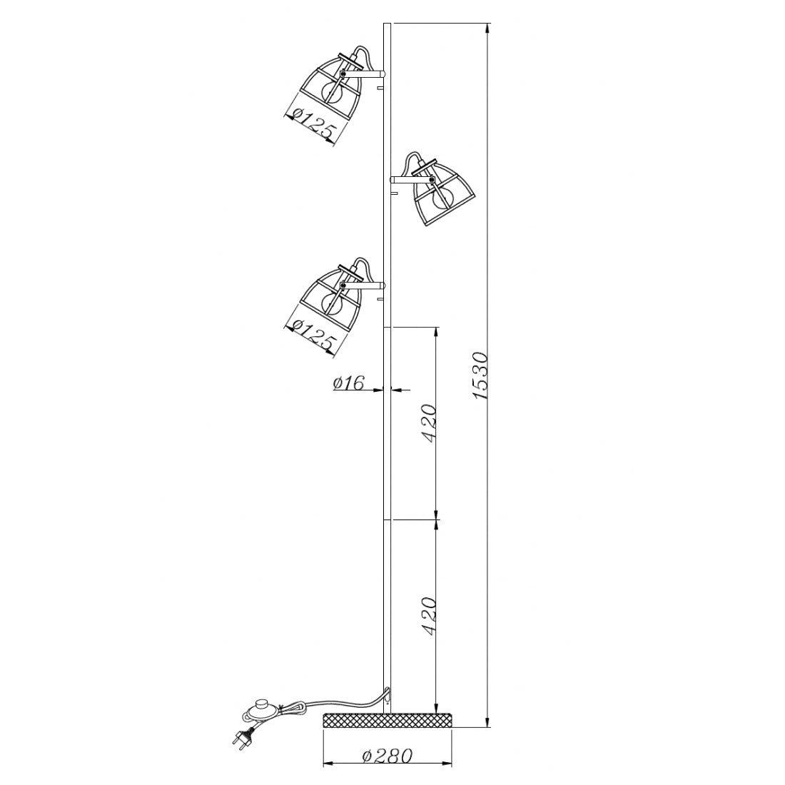 Technische tekening van de Chericoni Aperto vloerlamp 3-lichts met afmetingen en E14 fitting.