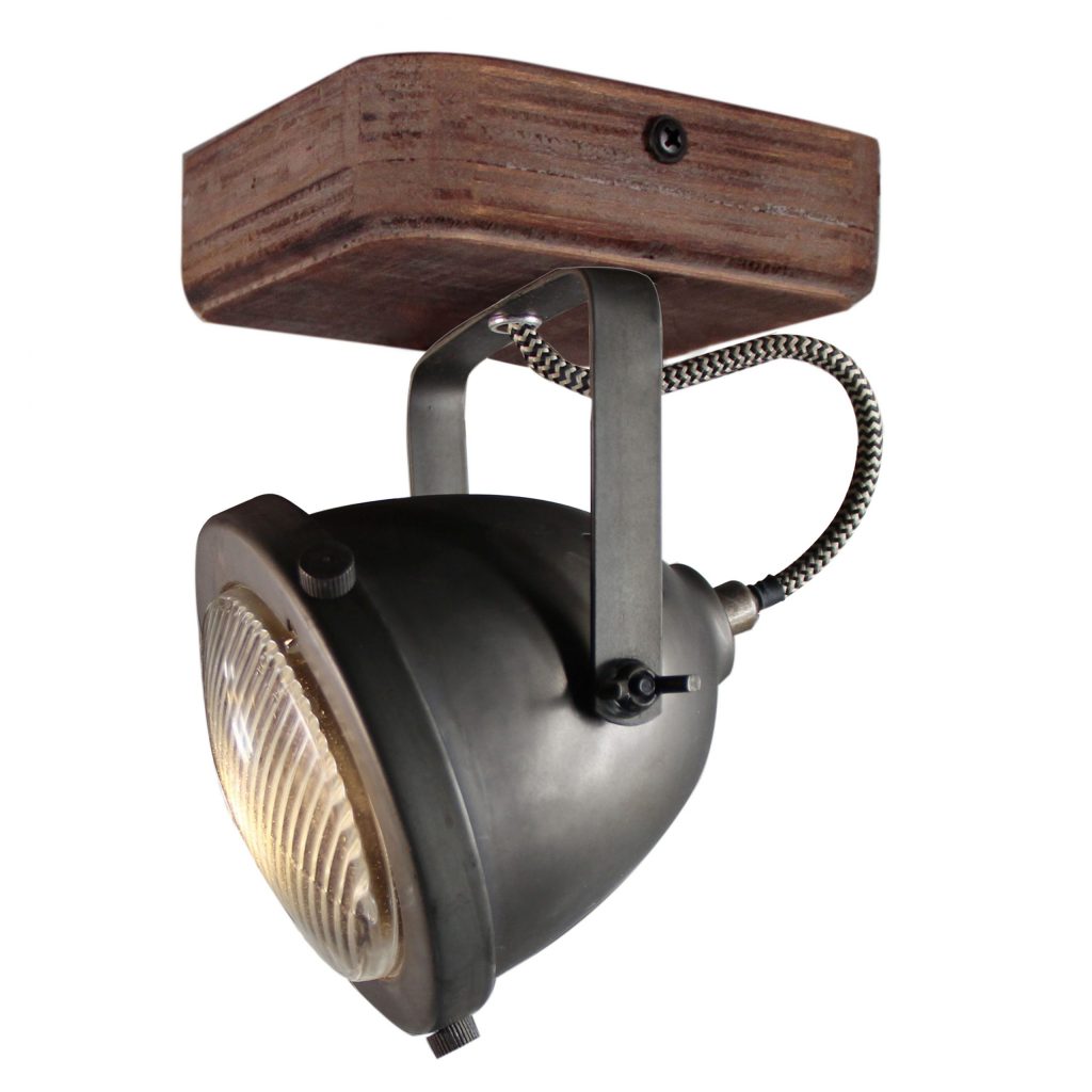 Chericoni Bella plafondspot, 1 licht, Ø 13 cm, GU10, zwart staal met vintage hout, perfect voor een sfeervolle inrichting.