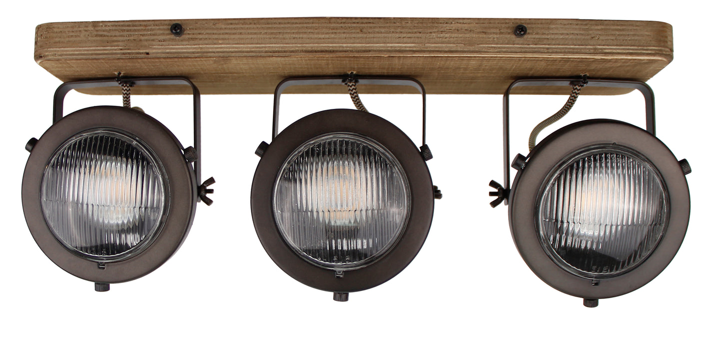 Chericoni Bella plafondspot, 3 lichts, Ø 13 cm, GU10, black steel met vintage hout, perfect voor een warme, industriële sfeer in huis.