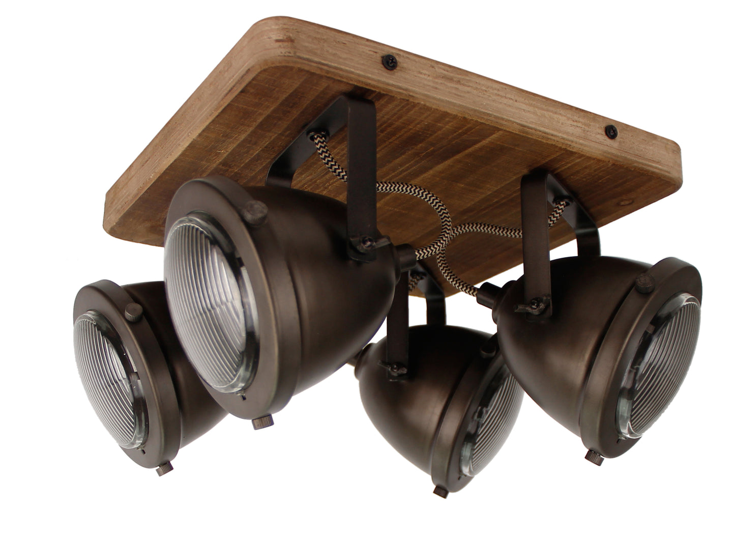 Chericoni Bella plafondspot, 4 lichts, Ø 13 cm, GU10, black steel met vintage hout, trendy industrieel ontwerp voor accentverlichting.