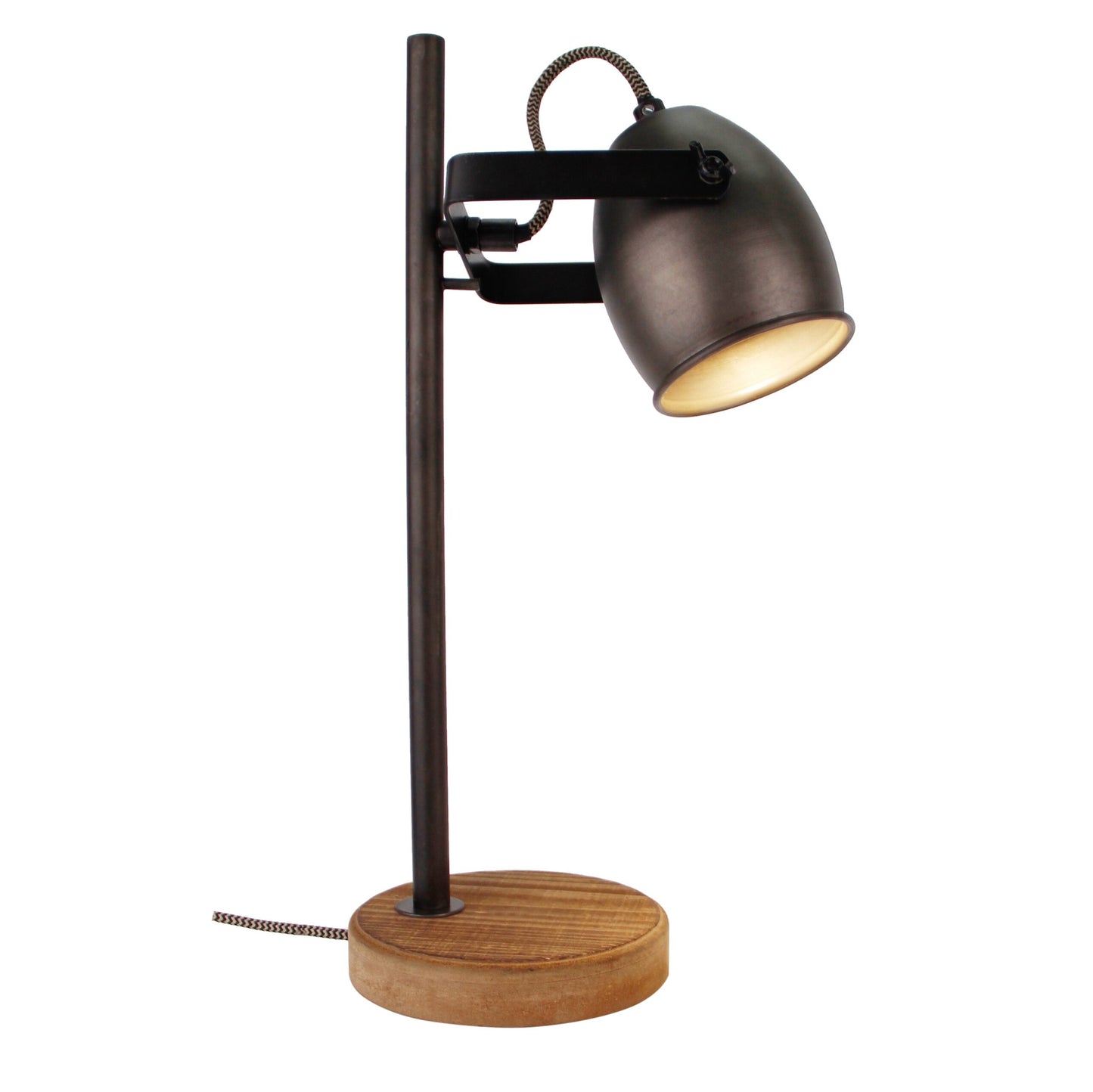Voorbeeld van de Chericoni Dolce tafellamp in zwart-brons met vintage hout, gezien van voren.