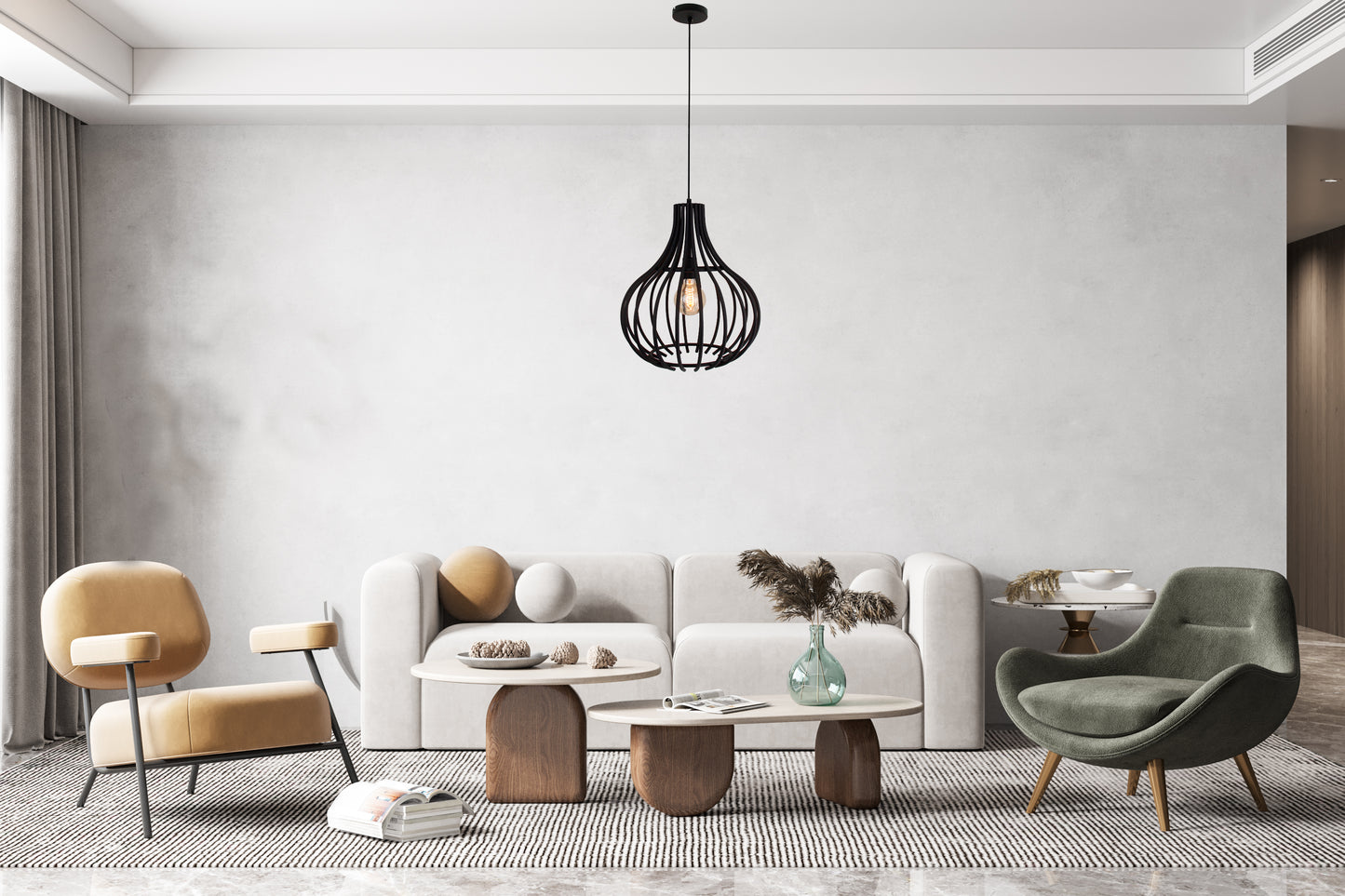 Chericoni Goccia hanglamp zwart metaal Ø40 cm in een sfeervol interieur, toont robuuste, stoere uitstraling boven een tafel.