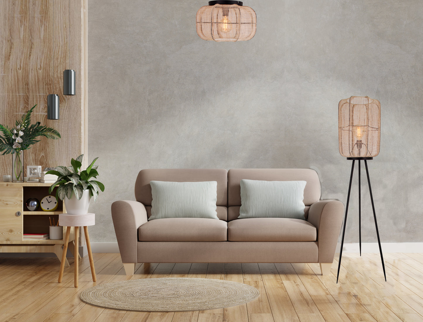 Vloerlamp Chericoni, jute, Ø32 cm, 1 lichtpunt. Natuurlijke uitstraling voor sfeervolle verlichting in elk interieur.