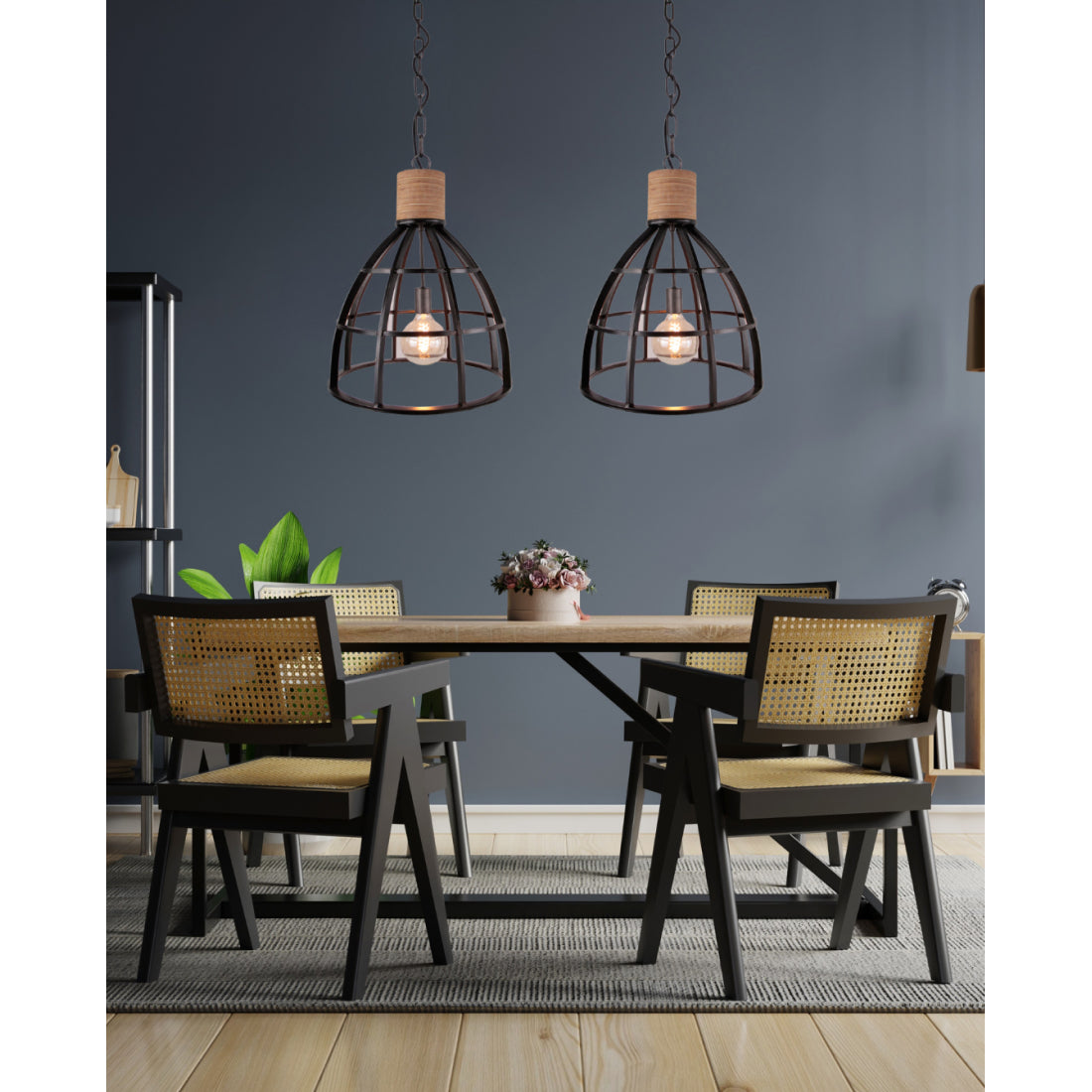 Moderne 2-lichts hanglamp Chericoni Aperto – zwart/hout – Ø47,5 cm