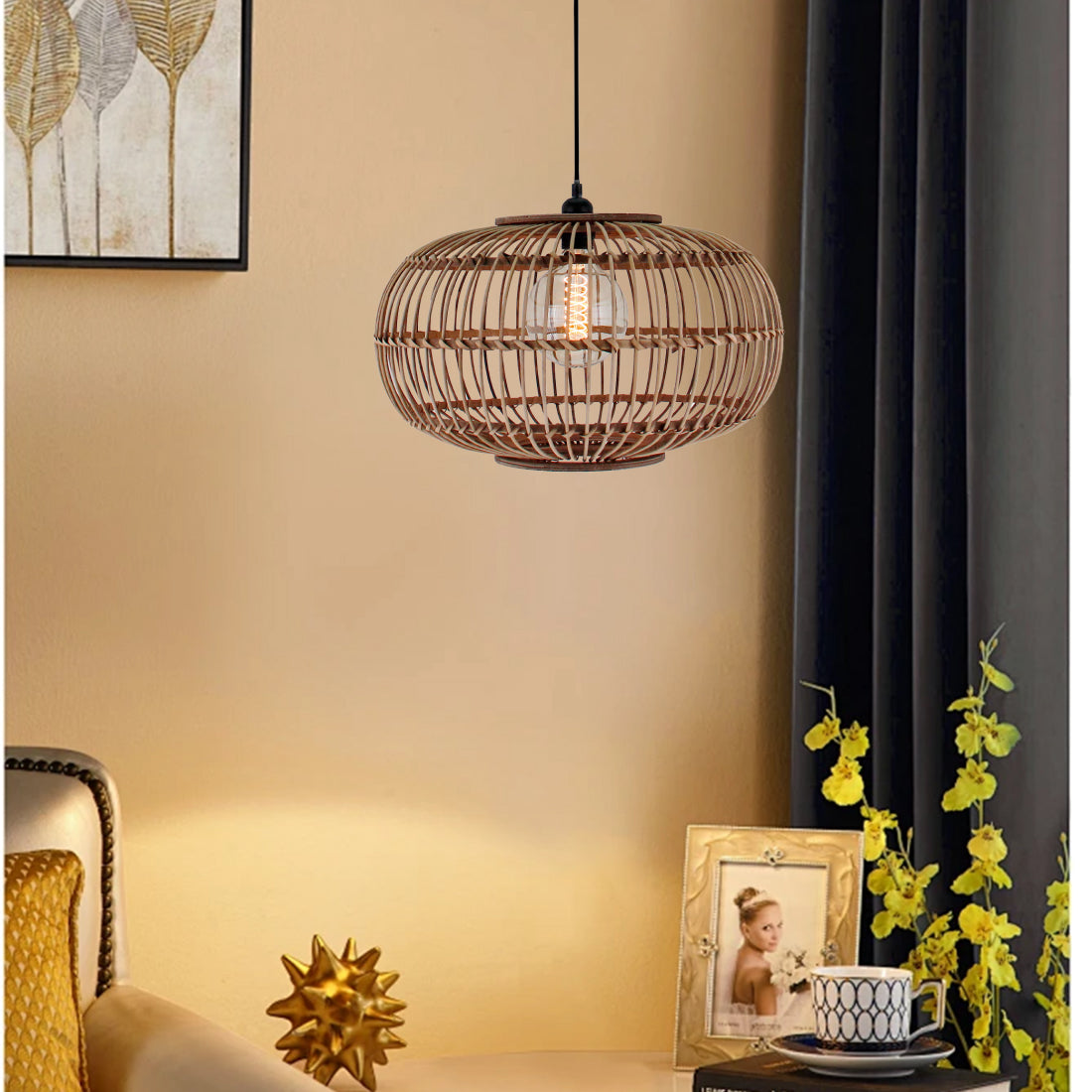 Moderne 1-lichts hanglamp Various Woven – Ø48 cm – natuurlijke bamboe look