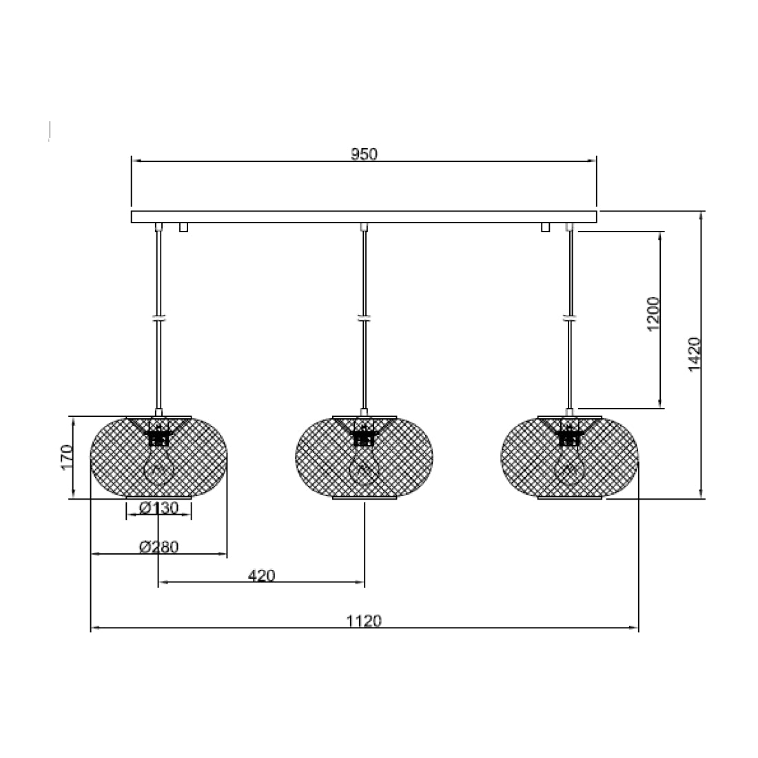Technische tekening van de Various Weaving 3-lichts hanglamp Ø28 cm met afmetingen en verstelbare snoerlengte.