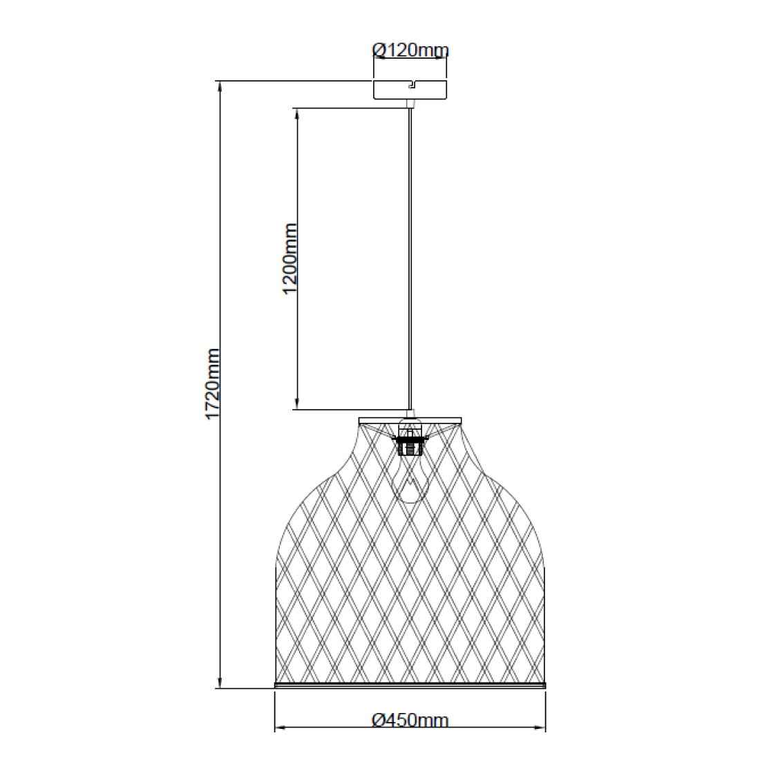 Technische tekening van de Various Weaving 1-lichts hanglamp met afmetingen en verstelbare ophanghoogte.