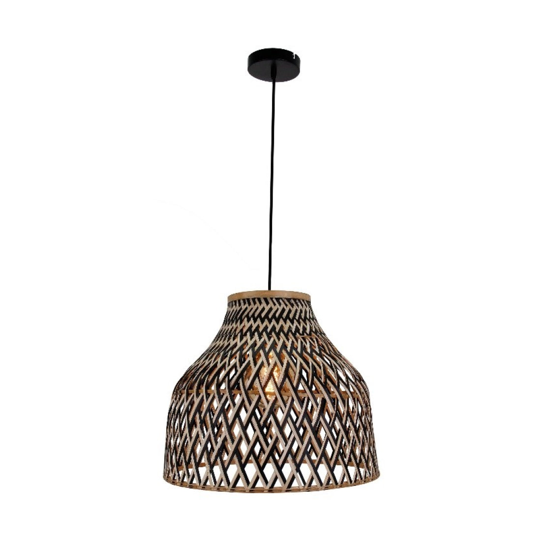 Volledige afbeelding van de Various Weaving 1-lichts hanglamp in natuur en zwart, tegen een neutrale achtergrond.