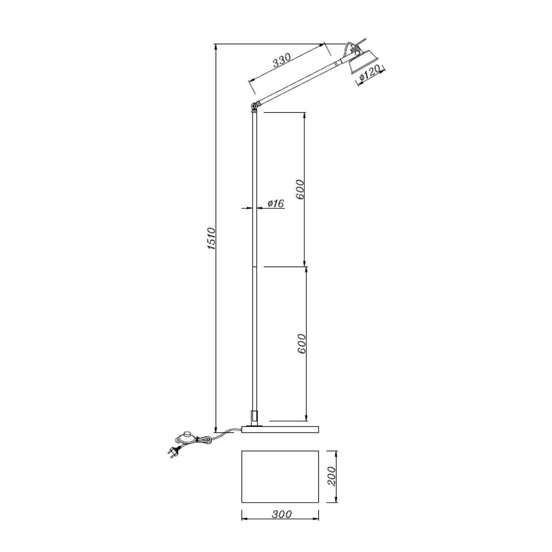 Technische tekening van de Various Max vloerlamp 180 cm met afmetingen en GU10 fitting.