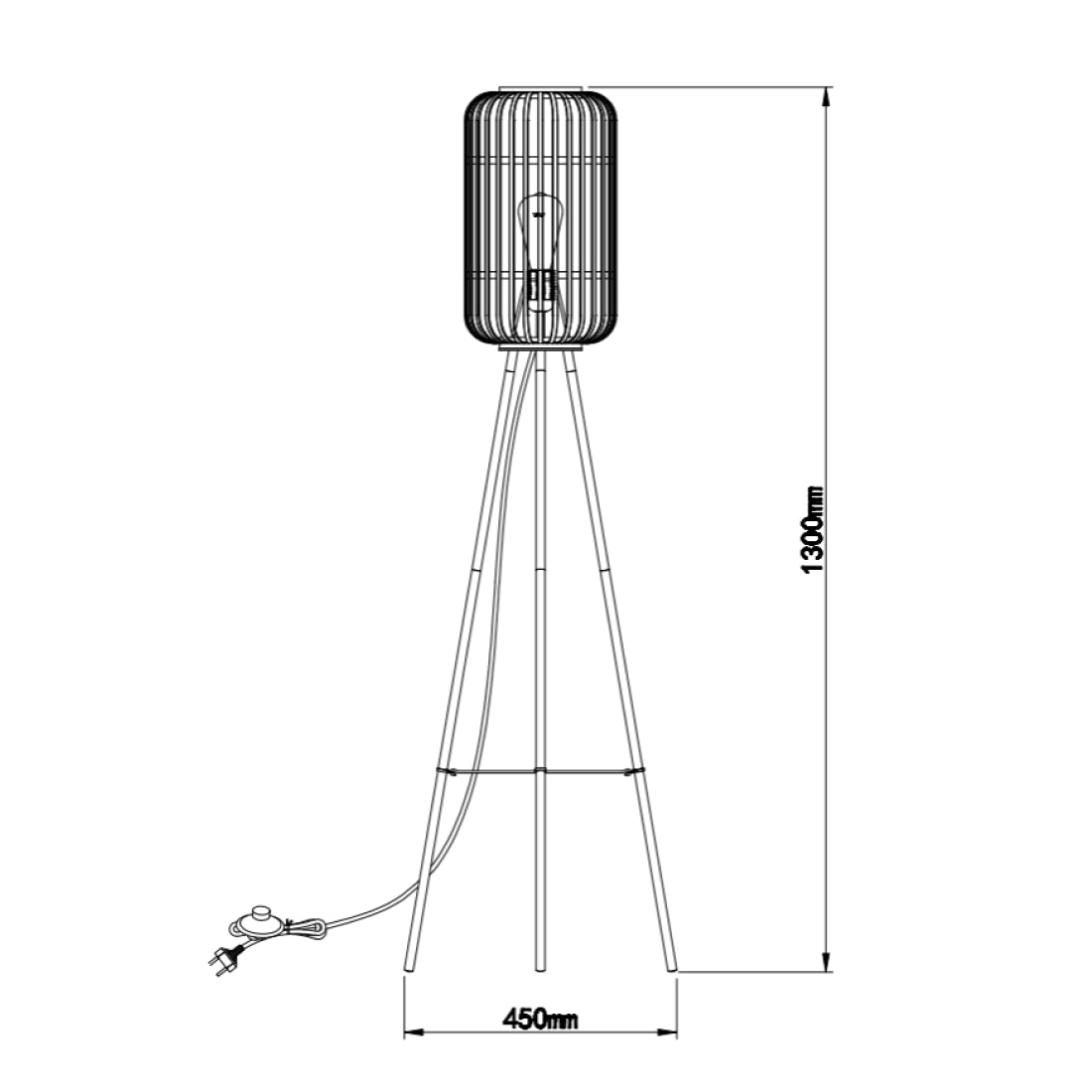 Technische tekening van de Various Woven vloerlamp Ø22 cm met hoogte 130 cm en E27 fitting.