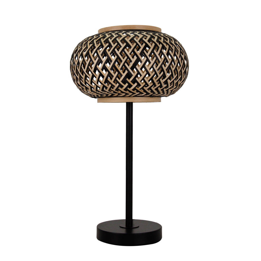 Various Weaving tafellamp Ø28 cm in natuur en zwart, volledig afgebeeld tegen een neutrale achtergrond.