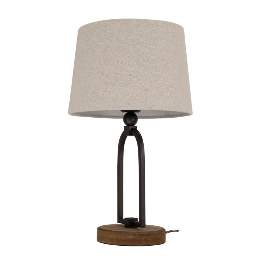 Various Tafellamp Vintage 45 cm volledig afgebeeld, met houten voet, metalen beugel en beige stoffen kap.