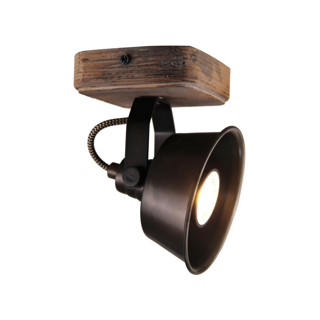 Max plafondlamp van Various, 1 lichts, Ø12 cm, stijlvolle, zwart black steel spot met vintage hout.