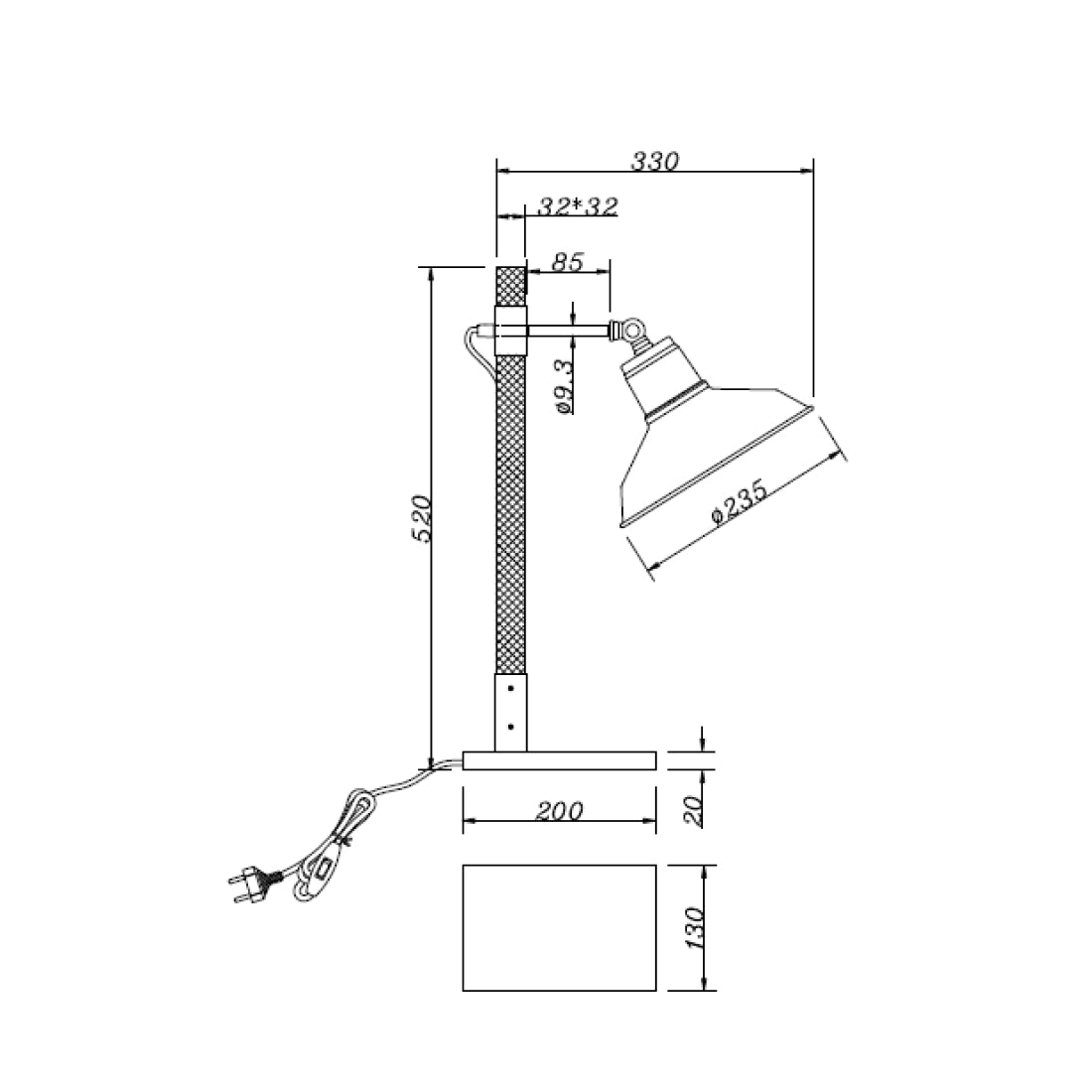 Technische tekening van de Various Max tafellamp 45 cm met afmetingen en E27 fitting.