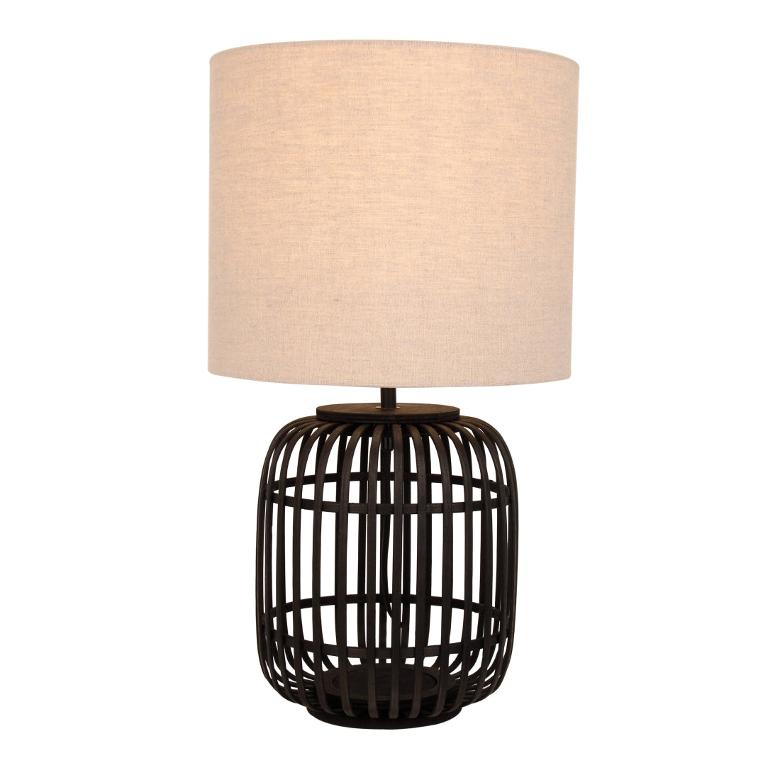 Various Woven tafellamp Ø24 cm in zwart bamboe, compleet afgebeeld tegen een neutrale achtergrond.