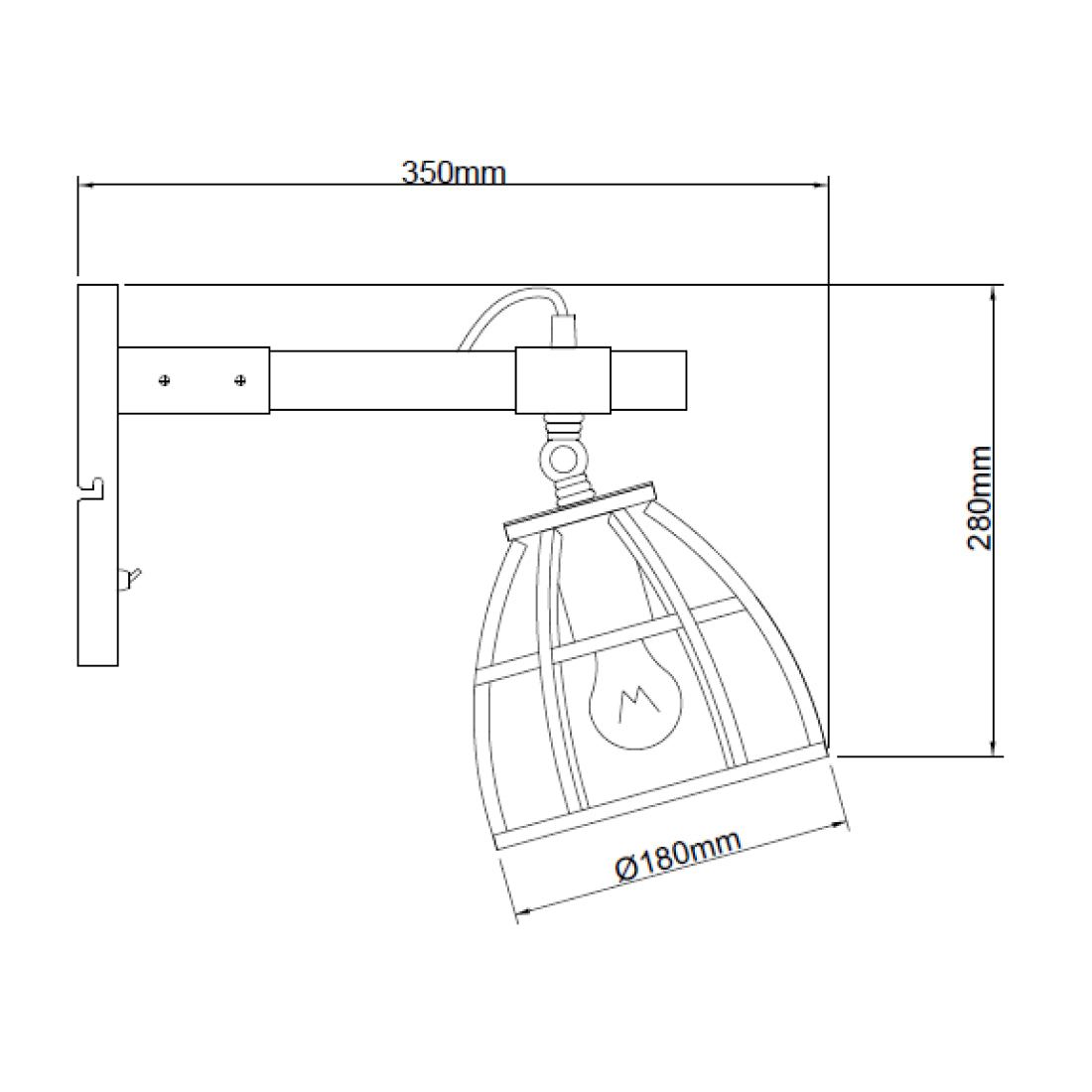 Technische tekening van de Chericoni Aperto wandlamp Ø18 cm met afmetingen en E27 fitting.