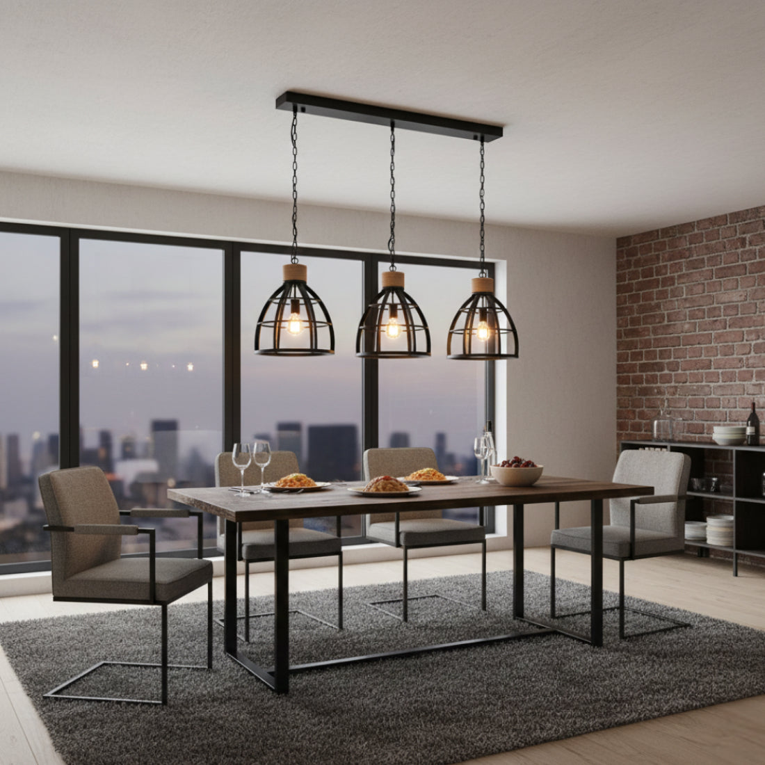 Chericoni Aperto hanglamp – Ø34 cm – 3 lichts – industrieel design met houtaccenten