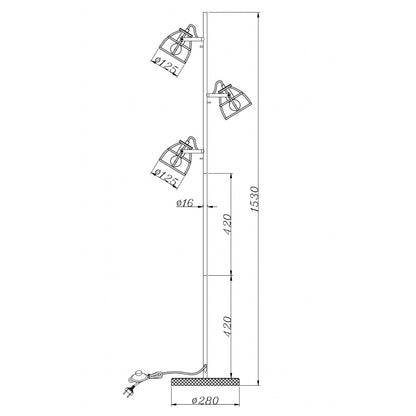 Technische tekening van de Chericoni Aperto vloerlamp 3-lichts met afmetingen en E14 fitting.