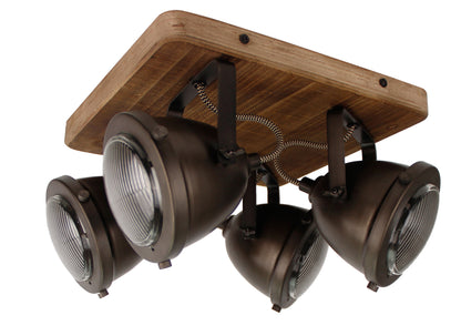 Chericoni Bella plafondspot, 4 lichts, Ø 13 cm, GU10, black steel met vintage hout, trendy industrieel ontwerp voor accentverlichting.