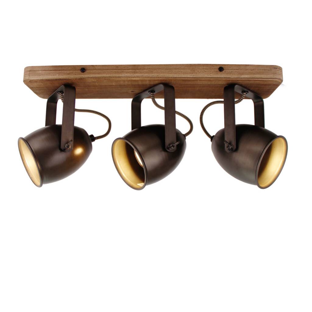 Vooraanzicht van Chericoni Dolce plafondspot 3-lichts, Ø9cm, zwart-brons met vintage hout, industriële uitstraling.