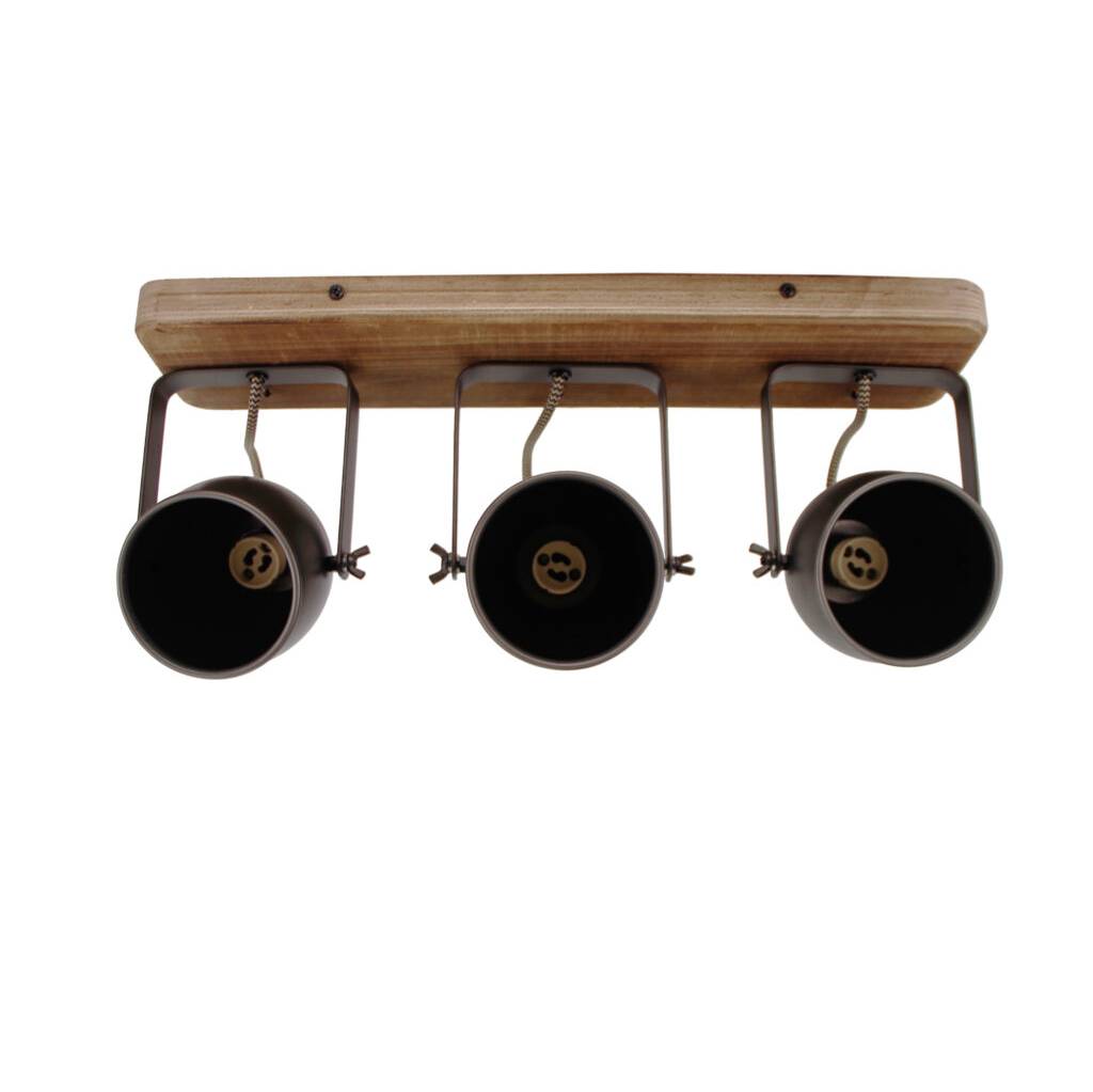 Vooraanzicht van Chericoni Dolce plafondspot 3-lichts, Ø9cm, zwart-brons met vintage hout, industriële uitstraling.