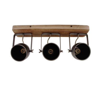 Vooraanzicht van Chericoni Dolce plafondspot 3-lichts, Ø9cm, zwart-brons met vintage hout, industriële uitstraling.