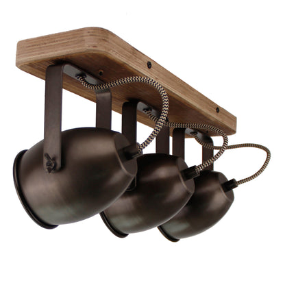 Zijaanzicht van Chericoni Dolce plafondspot 3-lichts, Ø9cm, zwart-brons met vintage hout, minimalistisch en robuust design.