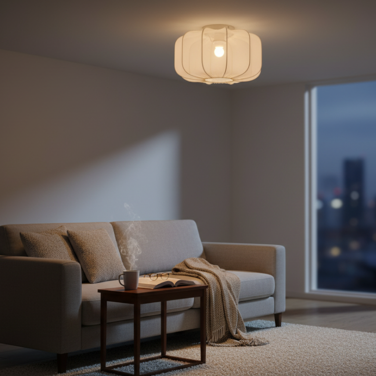 Chericoni Lecce plafondlamp met ronde textiele kap in natuurlijke kleur, passend bij Scandinavische en Japandi interieurs.