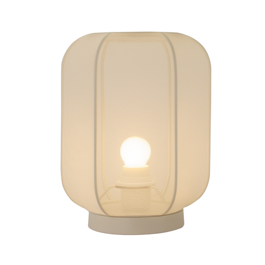 Chericoni Lecce tafellamp met ronde textiele kap, passend in een Japandi interieur.