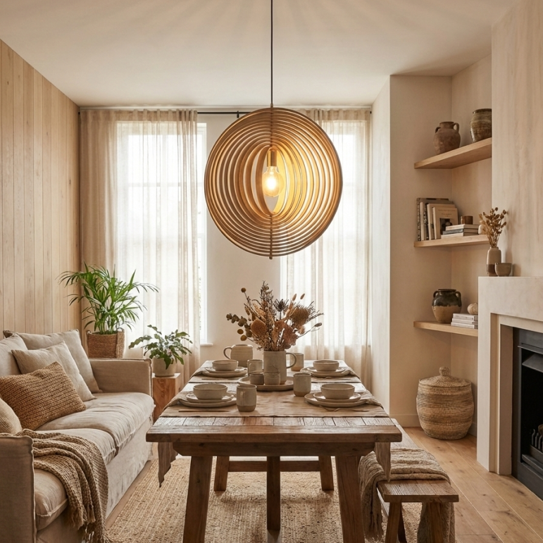 Chericoni Ring hanglamp 1-lichts met ronde houten ring en moderne look.