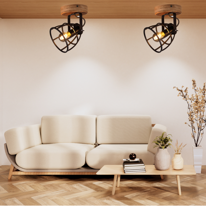 De Aperto plafondspot in hout en zwart voegt een industrieel accent toe aan je interieur.