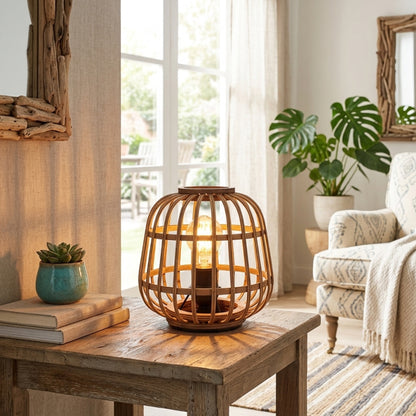 De bruine bamboe tafellamp van de Nature Trapeze serie brengt een warme, landelijke sfeer in je interieur.