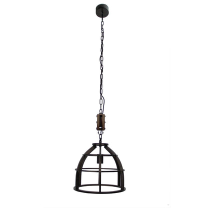 Hanglamp Chericoni Aperto, zwart staal en vintage hout, Ø34 cm, 1 lichtpunt, E27 fitting. Stijlvol en sfeervol design.