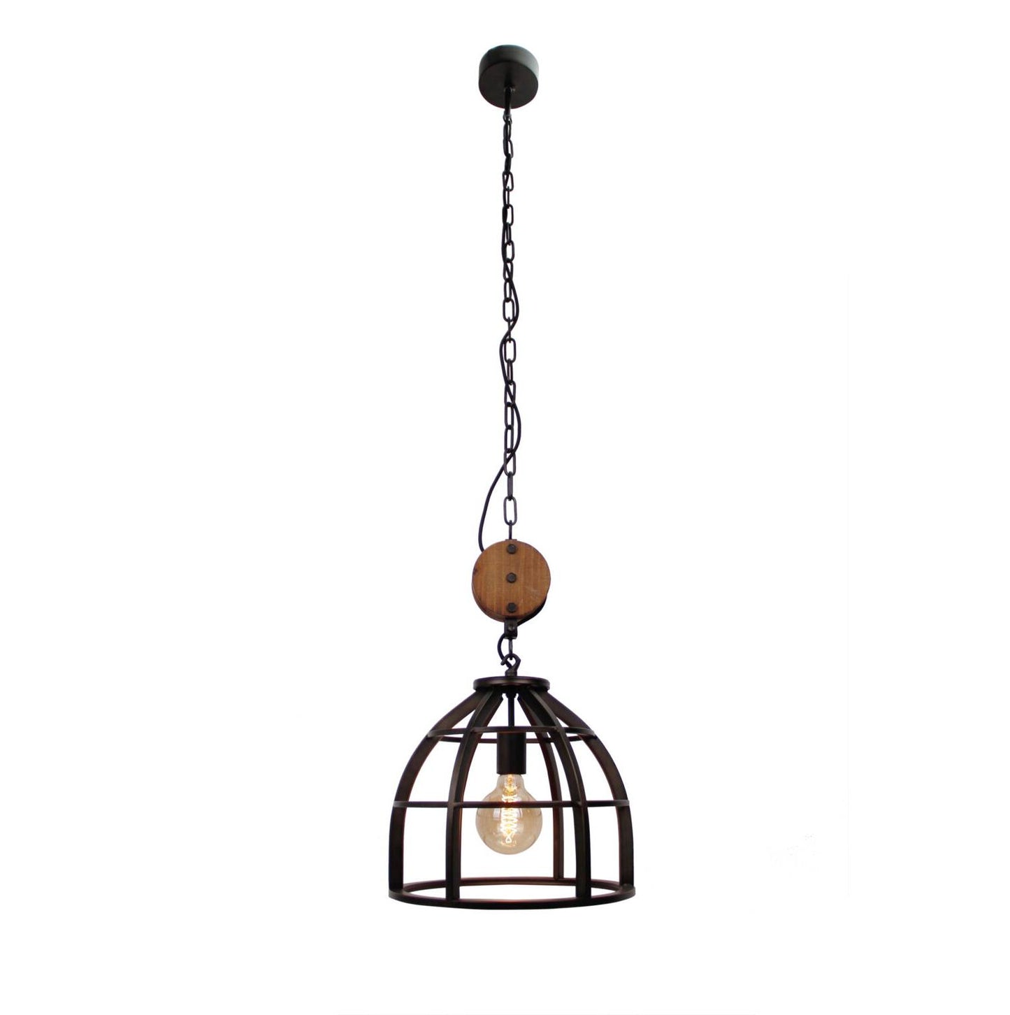 Hanglamp Chericoni Aperto, zwart staal en vintage hout, Ø34 cm, 1 lichtpunt, E27 fitting. Stijlvol en sfeervol design.