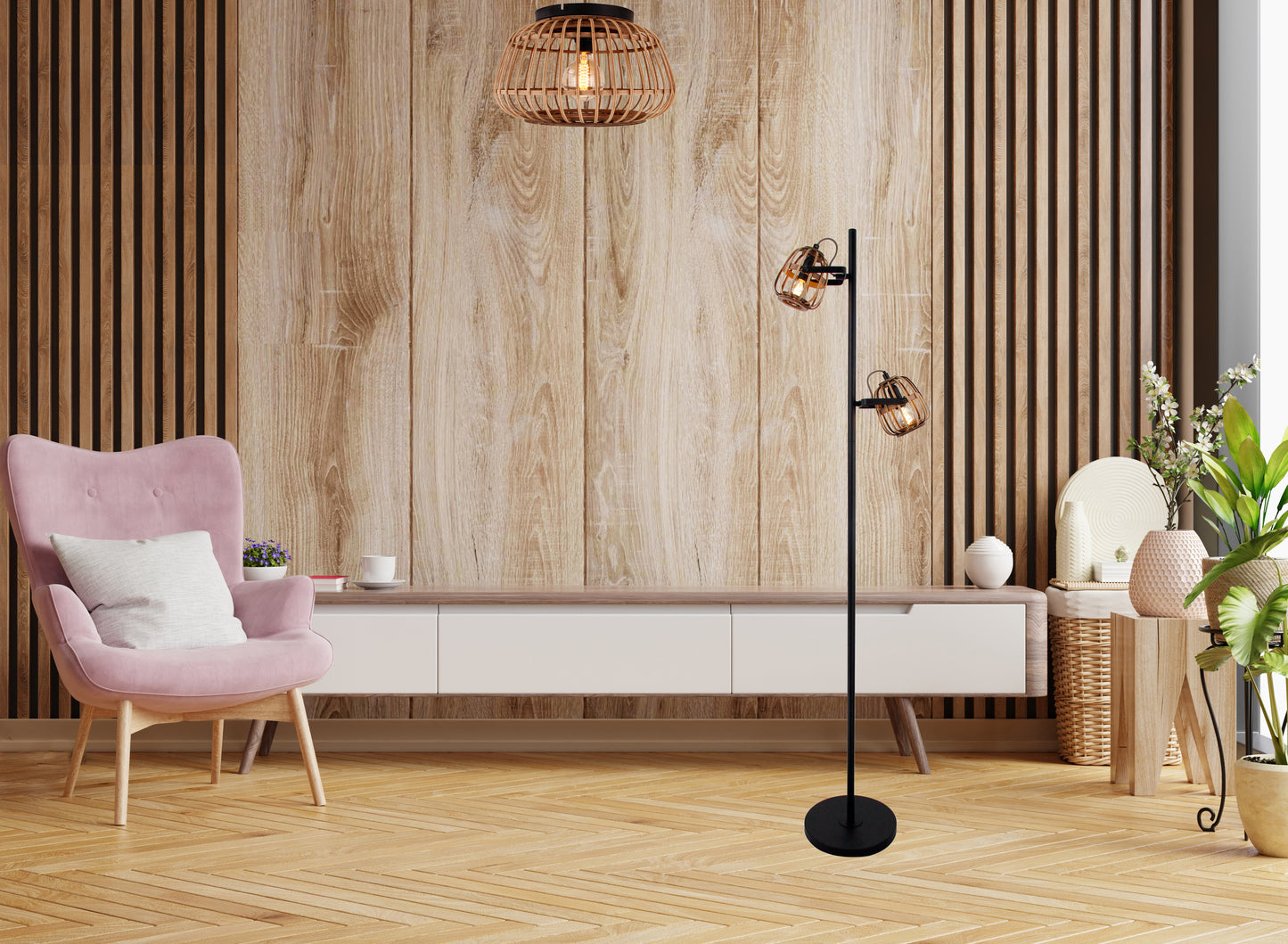 Chericoni Nature Trapeze vloerlamp, 2 lichts, Ø12 cm, E14, van FSC-gecertificeerd bamboe voor een natuurlijke en sfeervolle uitstraling.