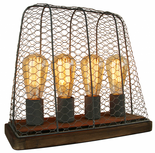 Chericoni Quattro tafellamp, 4-lichts, E27 fitting, industrieel design van beton en vintage hout.
