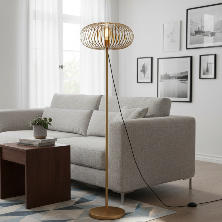 Stijlvolle Curvato vloerlamp in goud met ronde kap, 1-lichts design.