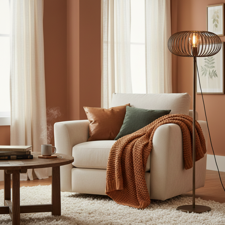 Stijlvolle Curvato vloerlamp in brons met ronde kap, 1-lichts design.