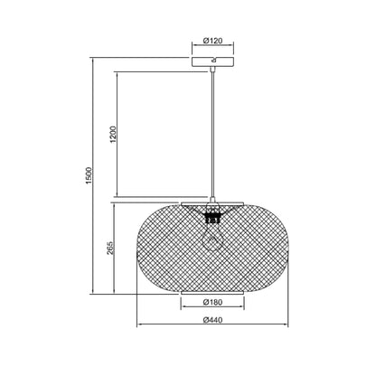 Technische tekening van de Various Weaving hanglamp Ø44 cm met afmetingen en verstelbare snoerlengte.