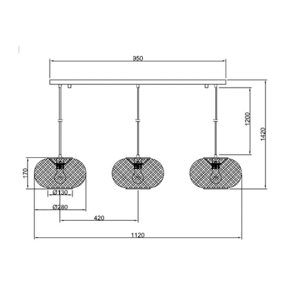 Technische tekening van de Various Weaving 3-lichts hanglamp Ø28 cm met afmetingen en verstelbare snoerlengte.