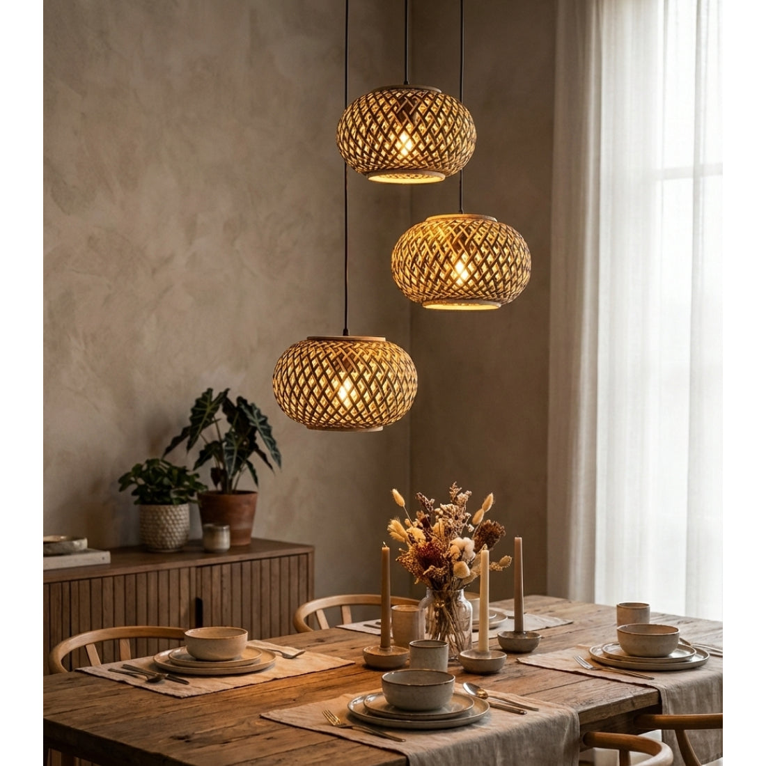 Various Weaving Hanglamp - 3 lichts - E27 - Bamboe - Ø28cm - 3 Hoogtes met Kappen - Nature