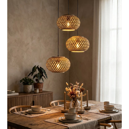 Various Weaving Hanglamp - 3 lichts - E27 - Bamboe - Ø28cm - 3 Hoogtes met Kappen - Nature