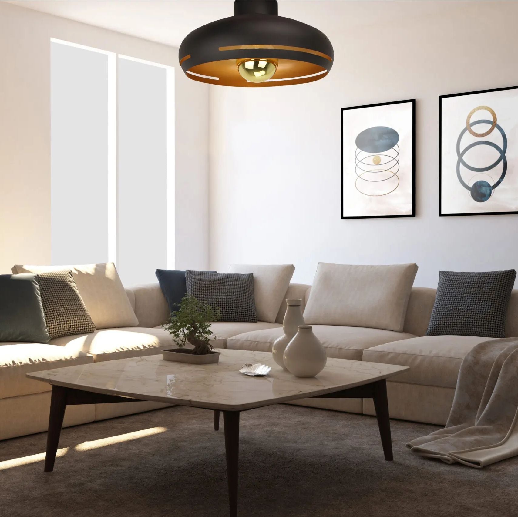Moderne plafondlamp Chericoni Striscia Ø 45 cm, met zwart en gouden design, ideaal voor een stijlvol interieur.