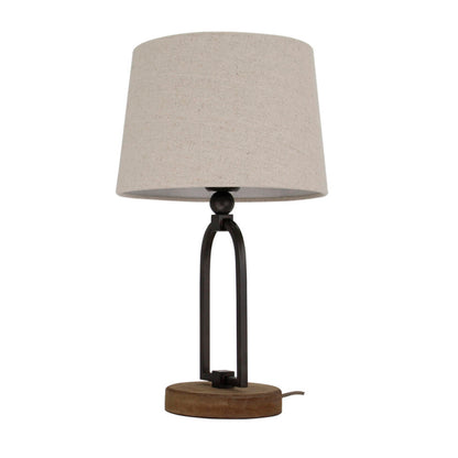 Various Tafellamp Vintage 45 cm volledig afgebeeld, met houten voet, metalen beugel en beige stoffen kap.