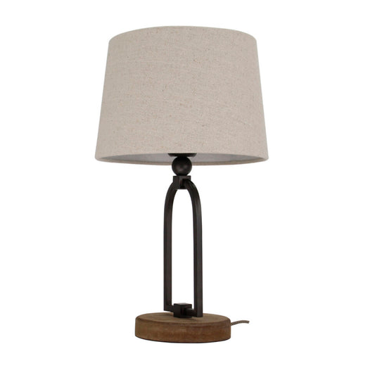 Various Tafellamp Vintage 45 cm volledig afgebeeld, met houten voet, metalen beugel en beige stoffen kap.