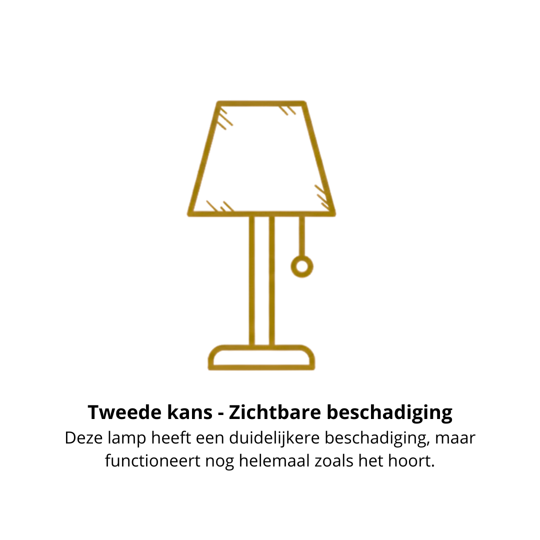 Afbeelding met lamp met beschadiging en tekst ‘Tweede Kans’: product is 100% goed, maar heeft een zichtbare beschadiging.