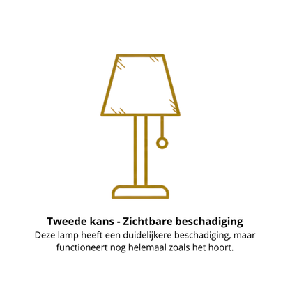 Afbeelding met lamp met beschadiging en tekst ‘Tweede Kans’: product is 100% goed, maar heeft een zichtbare beschadiging.